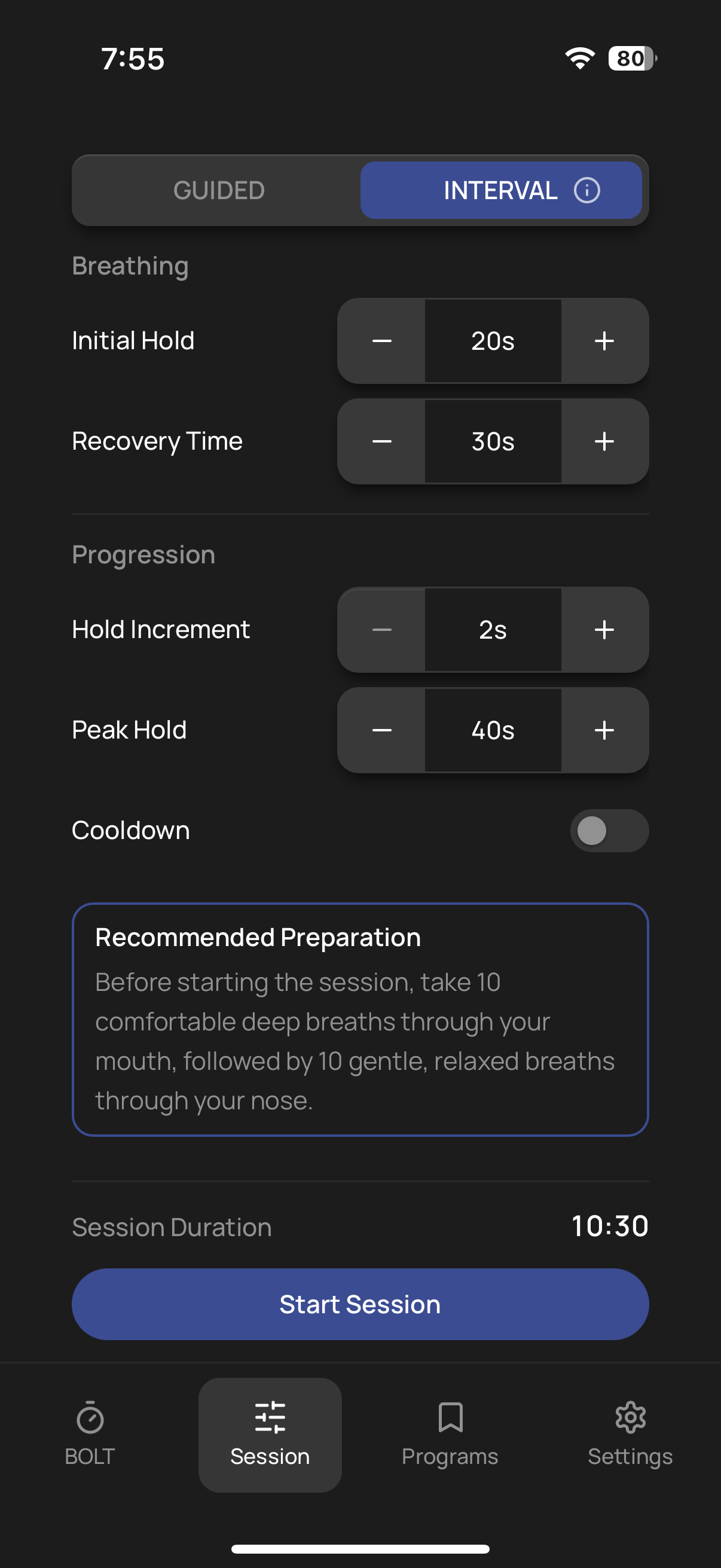 ParaBOLT INTERVAL session configuration screen